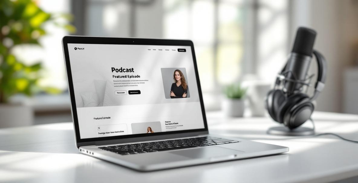 Podcast homepage design on a laptop in a serene workspace with microphone and headphones.