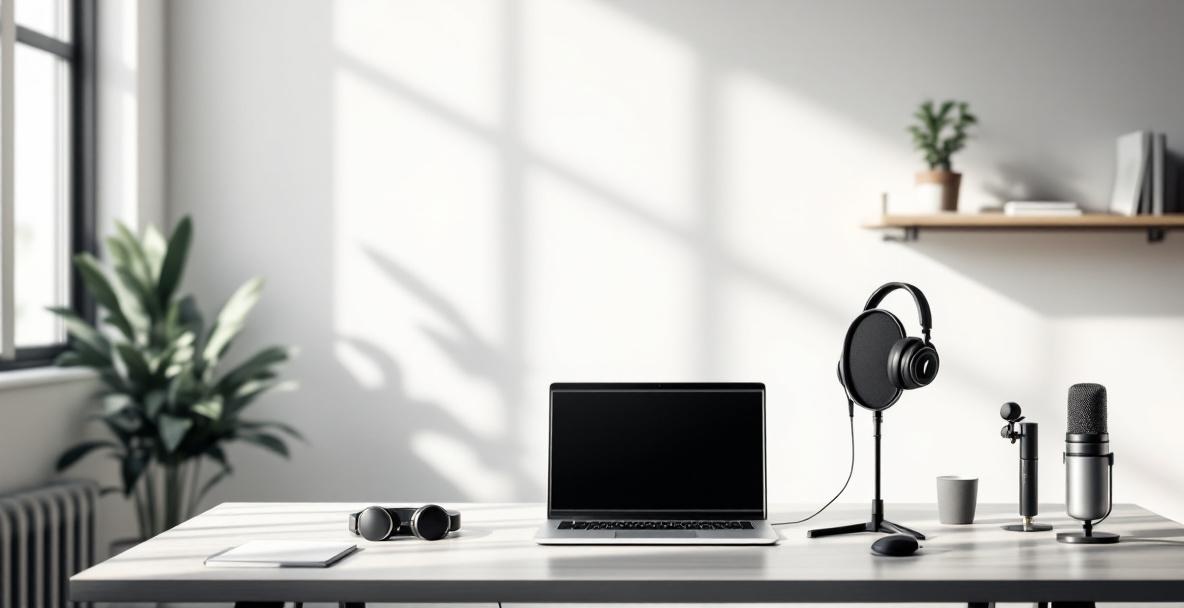 Interior of a professional podcast studio with microphone and laptop on a desk.