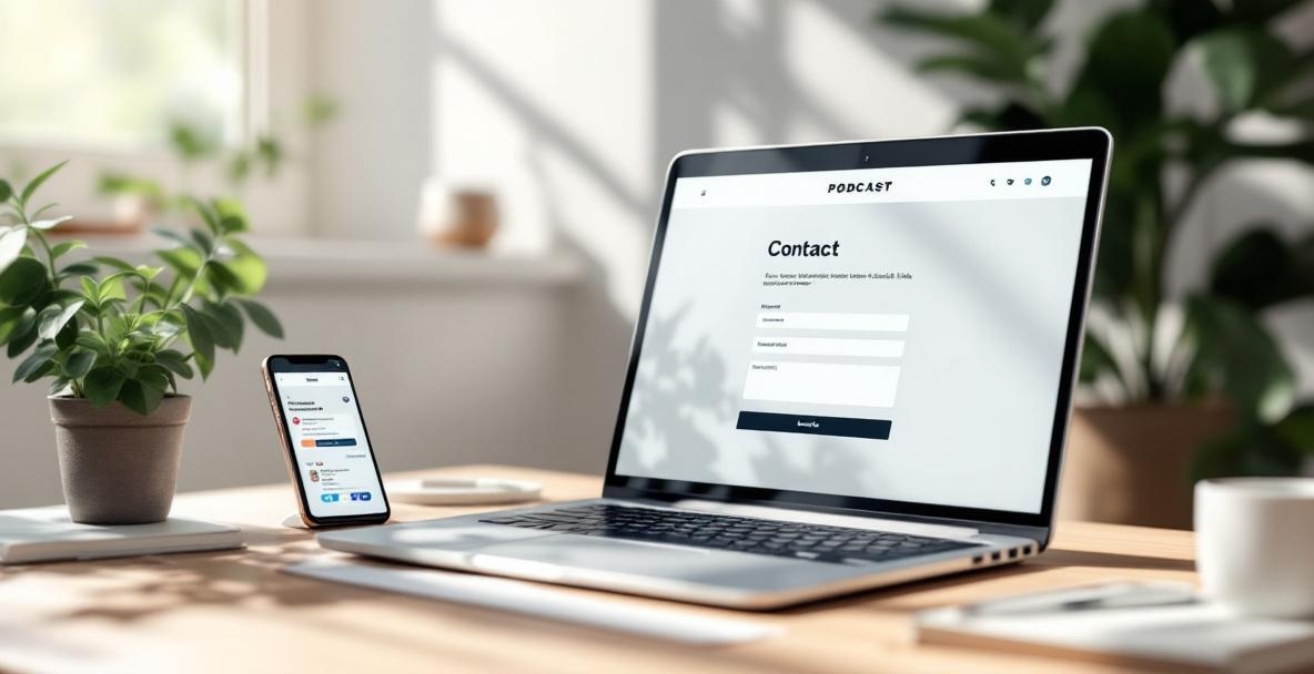 Modern workspace with laptop showing podcast site contact page, social icons, and nearby smartphone with notifications.