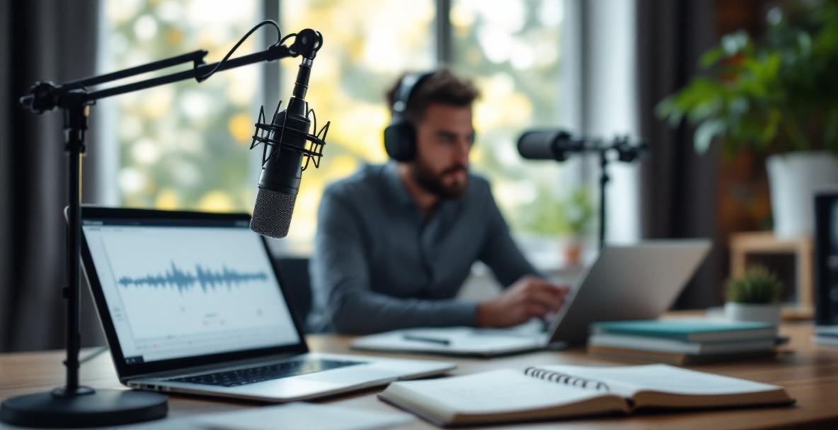 Podcast studio with microphone, laptop showing waveforms, and podcaster in a well-lit room.