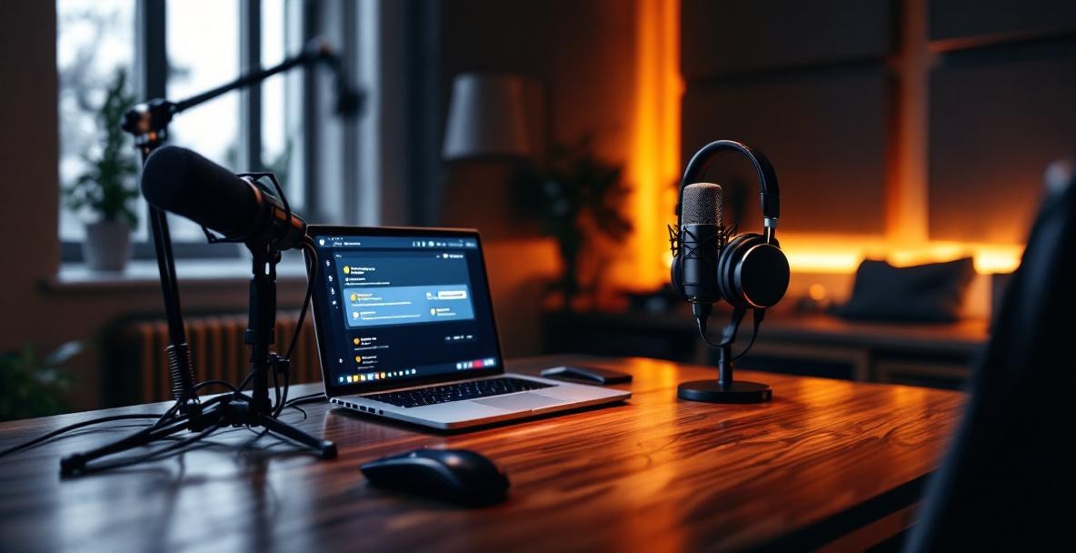 Modern podcast studio with professional gear and a laptop showing positive reviews.